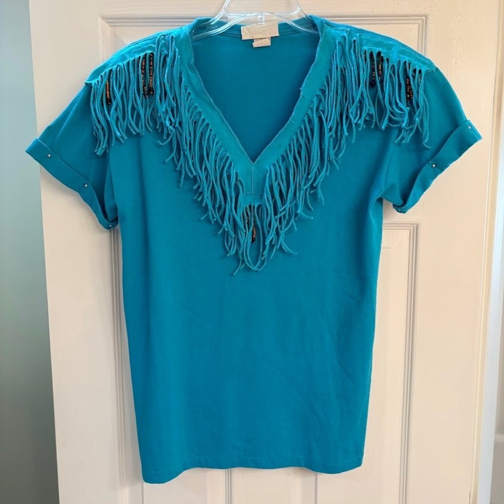 Joanie W Fringe T-Shirt Womens S Blue Cotton Blend Western Boho Beaded Vintage